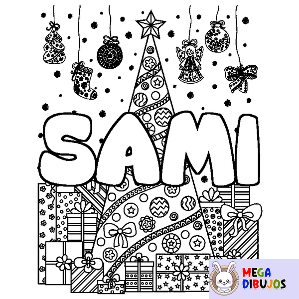 Coloraci&oacute;n del nombre SAMI - decorado &aacute;rbol de Navidad y regalos