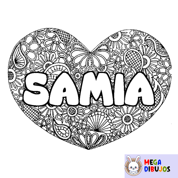 Coloraci&oacute;n del nombre SAMIA - decorado mandala de coraz&oacute;n