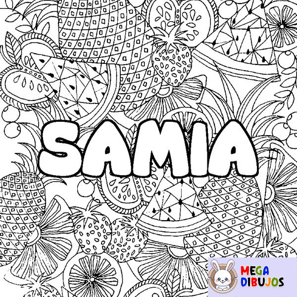 Coloraci&oacute;n del nombre SAMIA - decorado mandala de frutas
