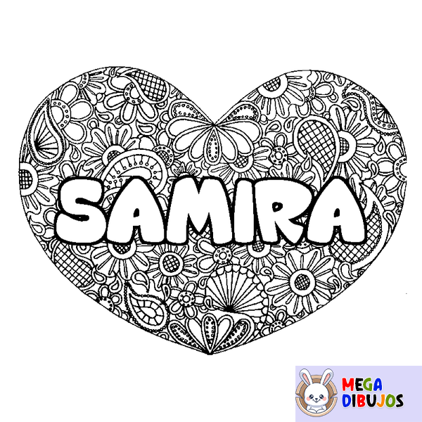 Coloraci&oacute;n del nombre SAMIRA - decorado mandala de coraz&oacute;n