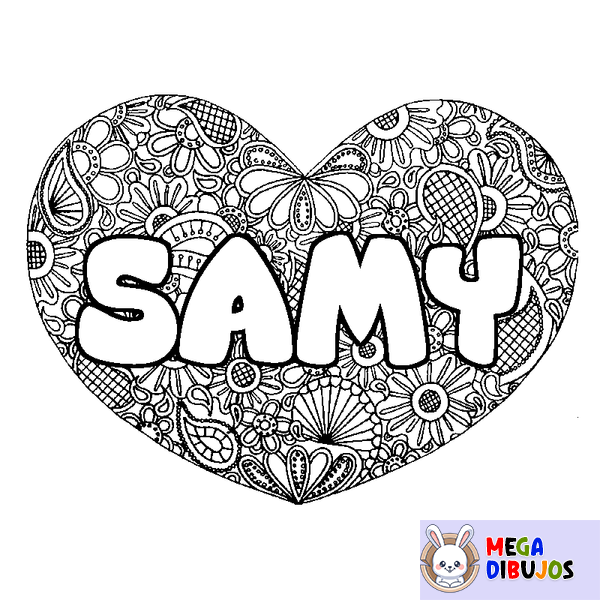 Coloraci&oacute;n del nombre SAMY - decorado mandala de coraz&oacute;n