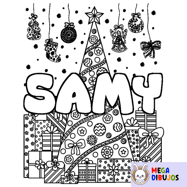 Coloraci&oacute;n del nombre SAMY - decorado &aacute;rbol de Navidad y regalos
