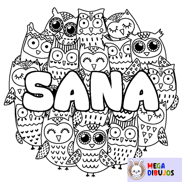 Coloraci&oacute;n del nombre SANA - decorado b&uacute;hos