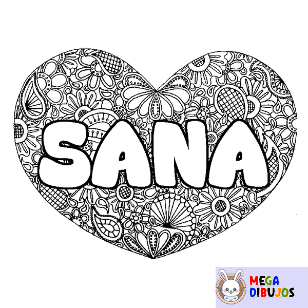 Coloraci&oacute;n del nombre SANA - decorado mandala de coraz&oacute;n