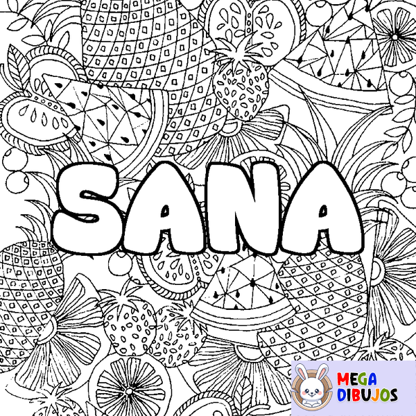 Coloraci&oacute;n del nombre SANA - decorado mandala de frutas
