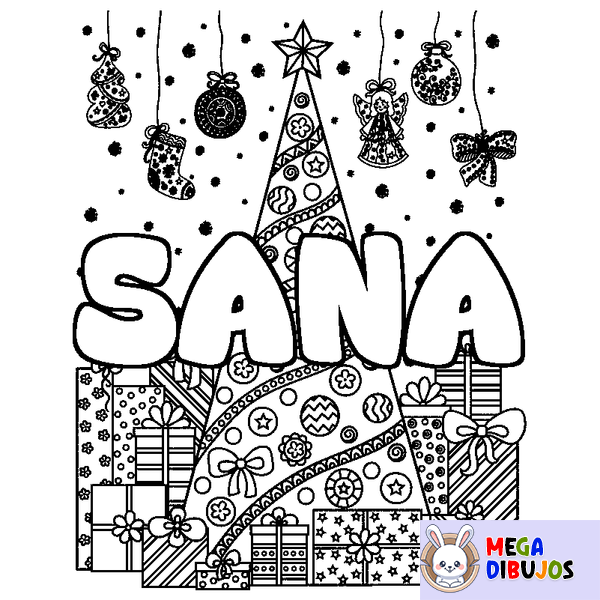Coloraci&oacute;n del nombre SANA - decorado &aacute;rbol de Navidad y regalos