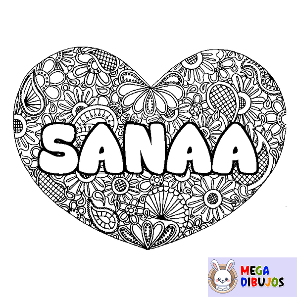 Coloraci&oacute;n del nombre SANAA - decorado mandala de coraz&oacute;n