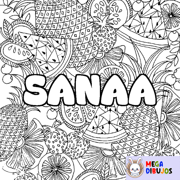 Coloraci&oacute;n del nombre SANAA - decorado mandala de frutas