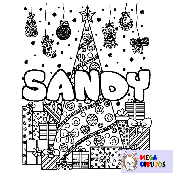 Coloraci&oacute;n del nombre SANDY - decorado &aacute;rbol de Navidad y regalos