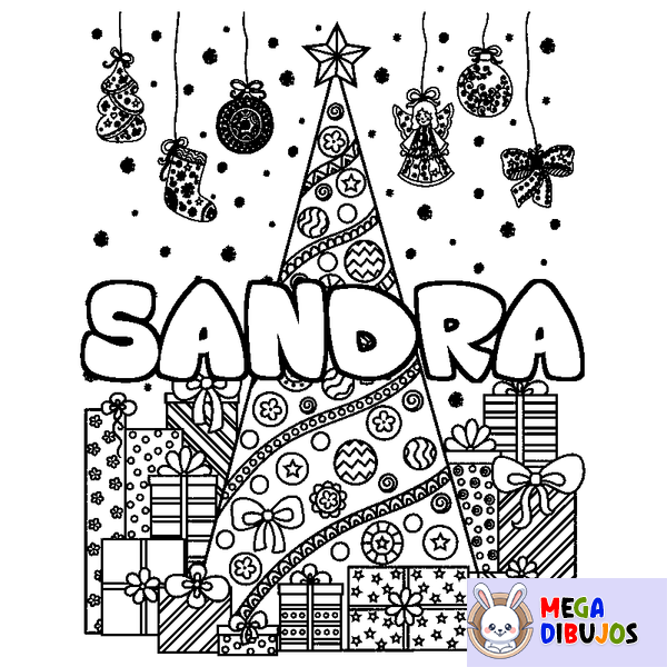 Coloraci&oacute;n del nombre SANDRA - decorado &aacute;rbol de Navidad y regalos