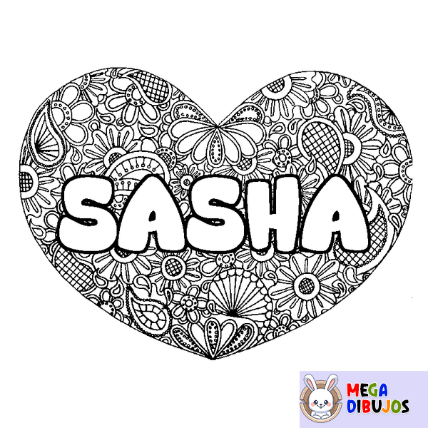 Coloraci&oacute;n del nombre SASHA - decorado mandala de coraz&oacute;n