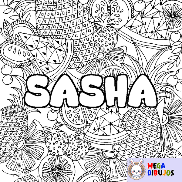 Coloraci&oacute;n del nombre SASHA - decorado mandala de frutas