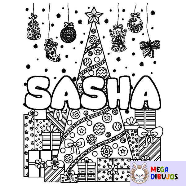 Coloraci&oacute;n del nombre SASHA - decorado &aacute;rbol de Navidad y regalos