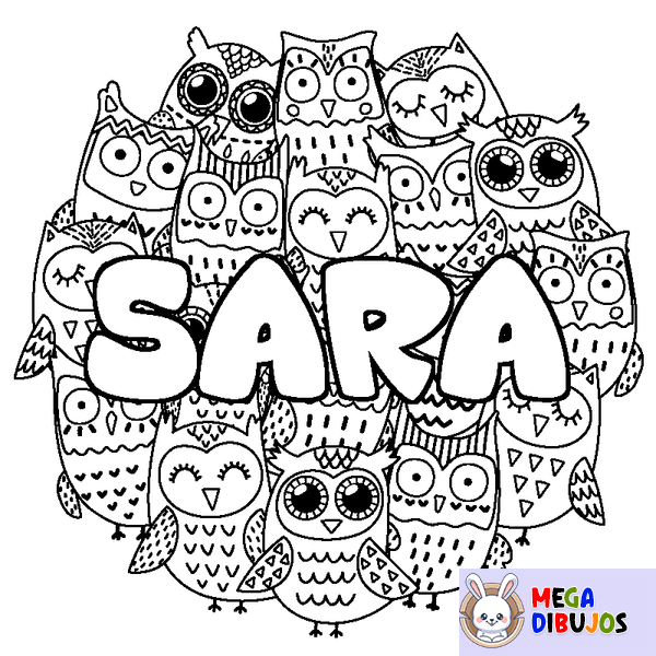 Coloraci&oacute;n del nombre SARA - decorado b&uacute;hos