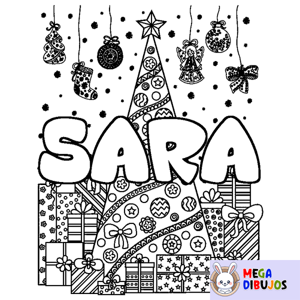 Coloraci&oacute;n del nombre SARA - decorado &aacute;rbol de Navidad y regalos