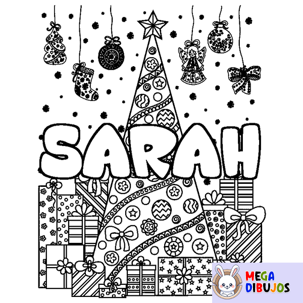 Coloraci&oacute;n del nombre SARAH - decorado &aacute;rbol de Navidad y regalos