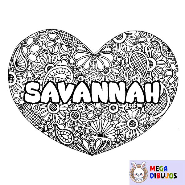 Coloraci&oacute;n del nombre SAVANNAH - decorado mandala de coraz&oacute;n