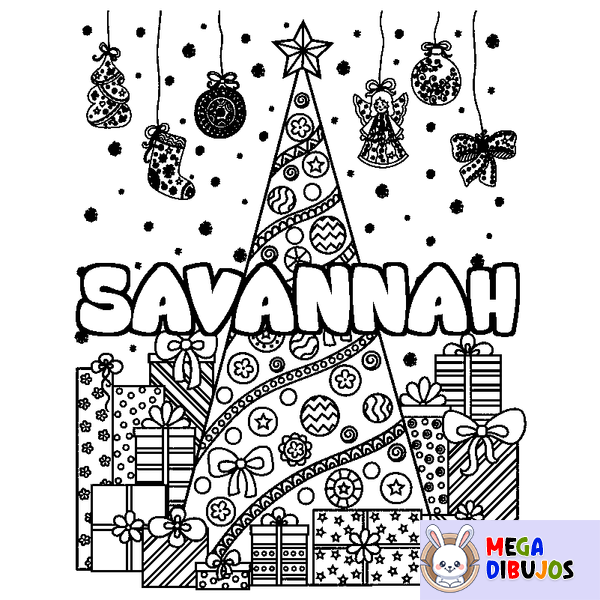 Coloraci&oacute;n del nombre SAVANNAH - decorado &aacute;rbol de Navidad y regalos