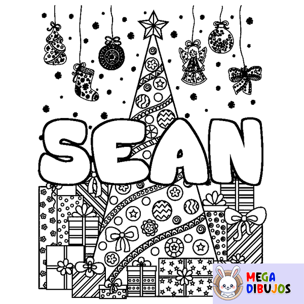 Coloraci&oacute;n del nombre SEAN - decorado &aacute;rbol de Navidad y regalos
