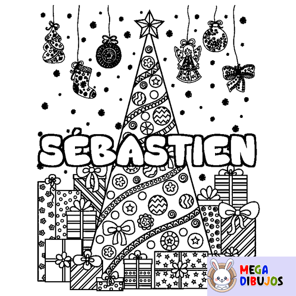 Coloraci&oacute;n del nombre S&Eacute;BASTIEN - decorado &aacute;rbol de Navidad y regalos