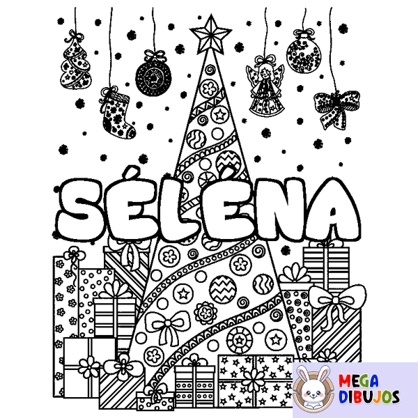 Coloraci&oacute;n del nombre S&Eacute;L&Eacute;NA - decorado &aacute;rbol de Navidad y regalos