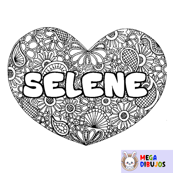 Coloraci&oacute;n del nombre SELENE - decorado mandala de coraz&oacute;n