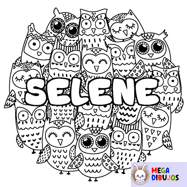 Coloraci&oacute;n del nombre SELENE - decorado b&uacute;hos