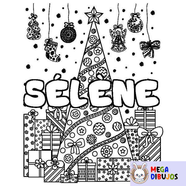 Coloraci&oacute;n del nombre S&Eacute;L&Egrave;NE - decorado &aacute;rbol de Navidad y regalos