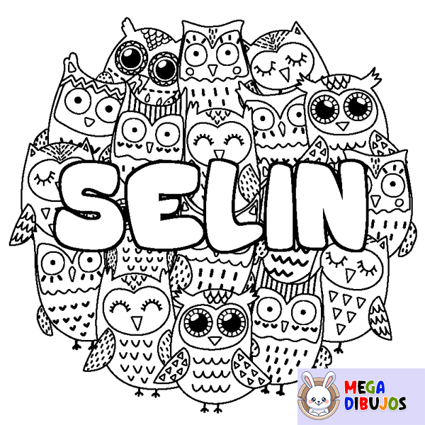 Coloraci&oacute;n del nombre SELIN - decorado b&uacute;hos