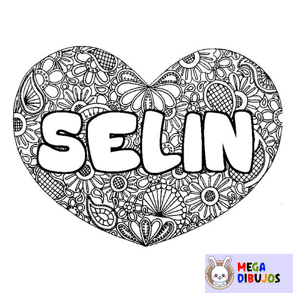 Coloraci&oacute;n del nombre SELIN - decorado mandala de coraz&oacute;n