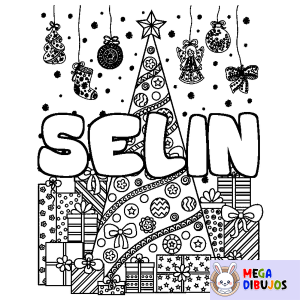 Coloraci&oacute;n del nombre SELIN - decorado &aacute;rbol de Navidad y regalos