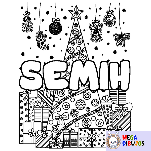 Coloraci&oacute;n del nombre SEMIH - decorado &aacute;rbol de Navidad y regalos