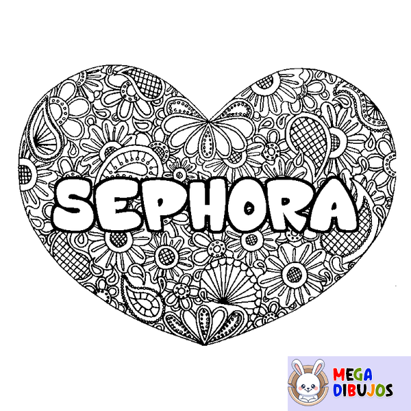 Coloraci&oacute;n del nombre SEPHORA - decorado mandala de coraz&oacute;n