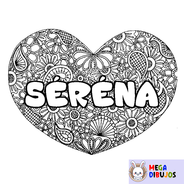 Coloraci&oacute;n del nombre S&Eacute;R&Eacute;NA - decorado mandala de coraz&oacute;n