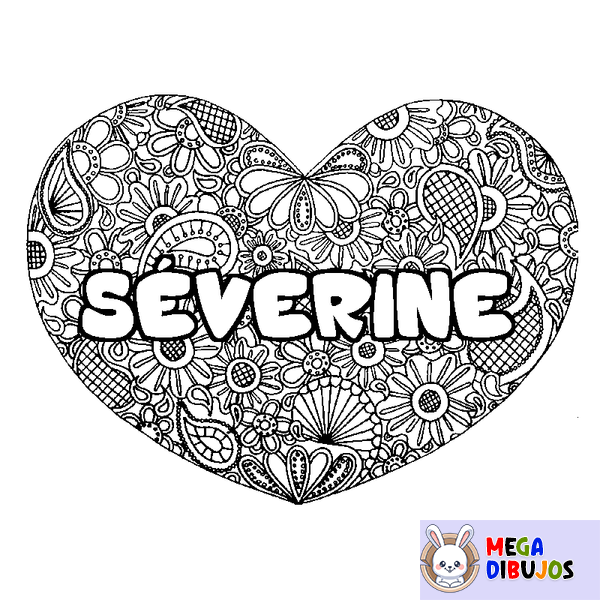 Coloraci&oacute;n del nombre S&Eacute;VERINE - decorado mandala de coraz&oacute;n