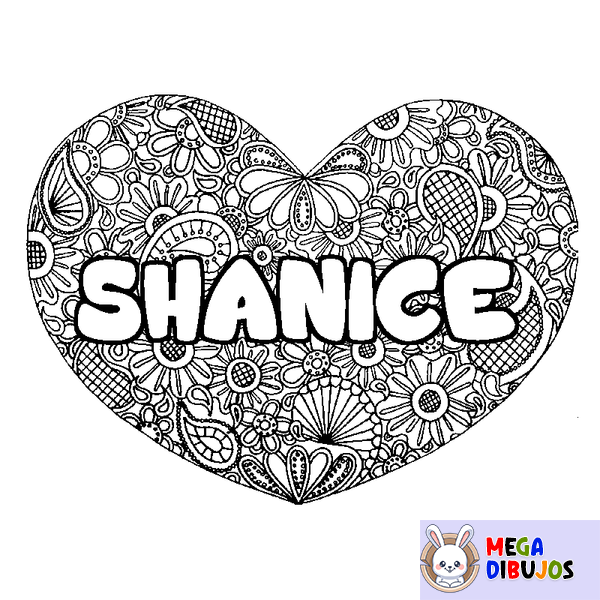 Coloraci&oacute;n del nombre SHANICE - decorado mandala de coraz&oacute;n