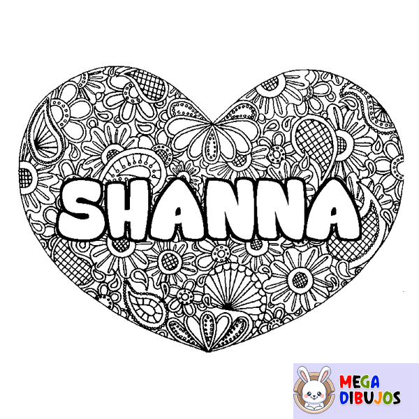 Coloraci&oacute;n del nombre SHANNA - decorado mandala de coraz&oacute;n