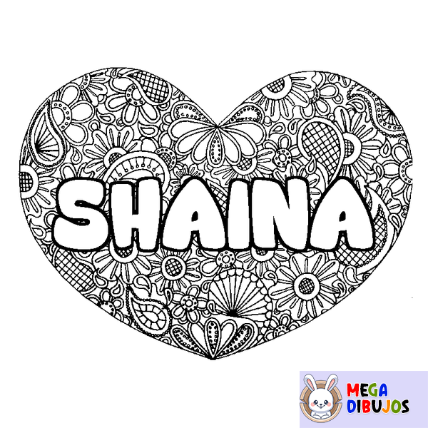 Coloraci&oacute;n del nombre SHAINA - decorado mandala de coraz&oacute;n