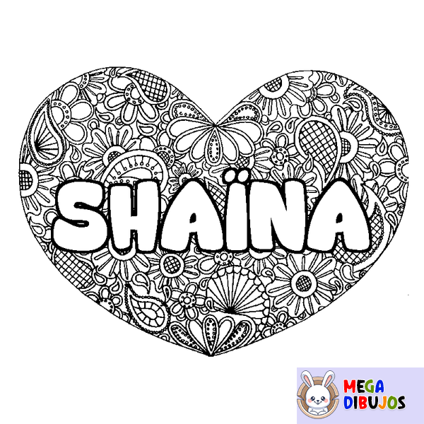 Coloraci&oacute;n del nombre SHA&Iuml;NA - decorado mandala de coraz&oacute;n