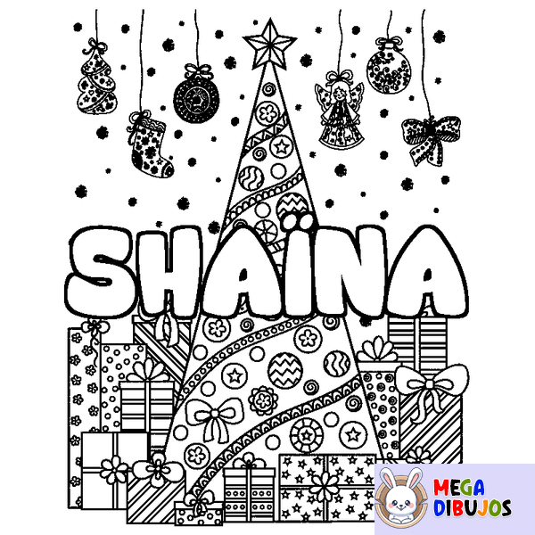 Coloraci&oacute;n del nombre SHA&Iuml;NA - decorado &aacute;rbol de Navidad y regalos