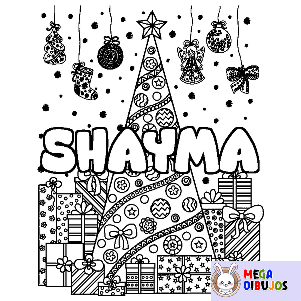 Coloraci&oacute;n del nombre SHAYMA - decorado &aacute;rbol de Navidad y regalos