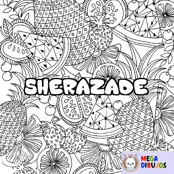 Coloraci&oacute;n del nombre SHERAZADE - decorado mandala de frutas
