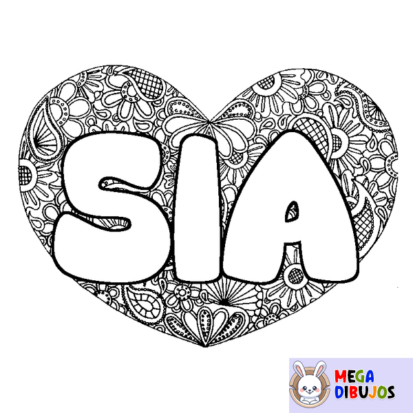 Coloraci&oacute;n del nombre SIA - decorado mandala de coraz&oacute;n