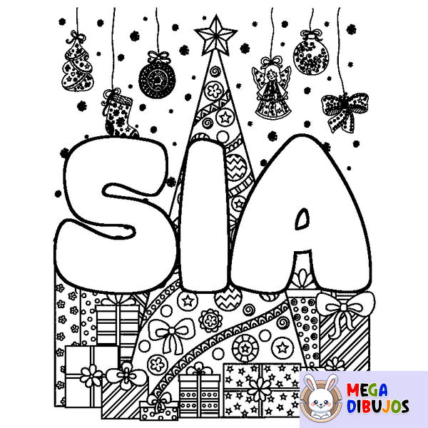 Coloraci&oacute;n del nombre SIA - decorado &aacute;rbol de Navidad y regalos
