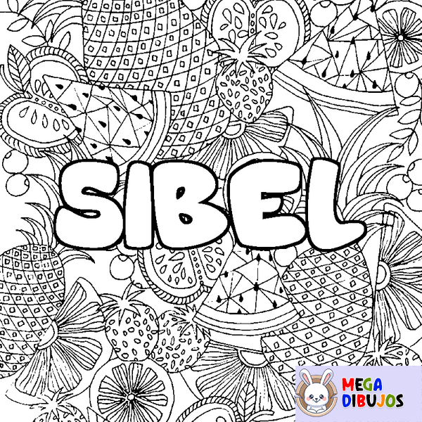 Coloraci&oacute;n del nombre SIBEL - decorado mandala de frutas