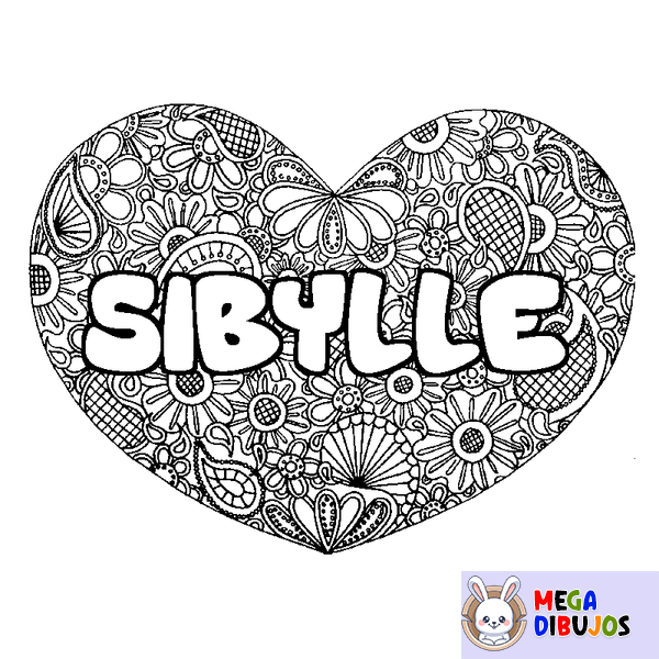 Coloraci&oacute;n del nombre SIBYLLE - decorado mandala de coraz&oacute;n