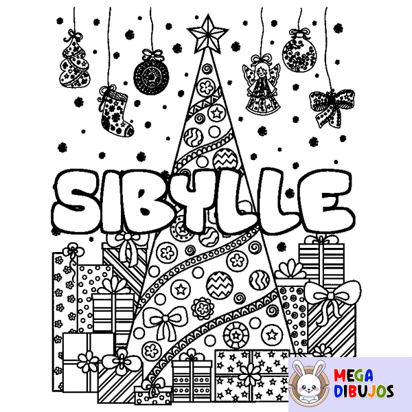 Coloraci&oacute;n del nombre SIBYLLE - decorado &aacute;rbol de Navidad y regalos