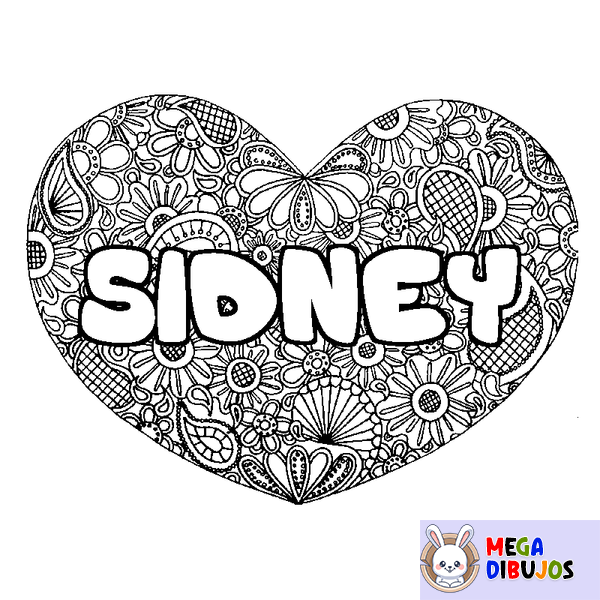Coloraci&oacute;n del nombre SIDNEY - decorado mandala de coraz&oacute;n