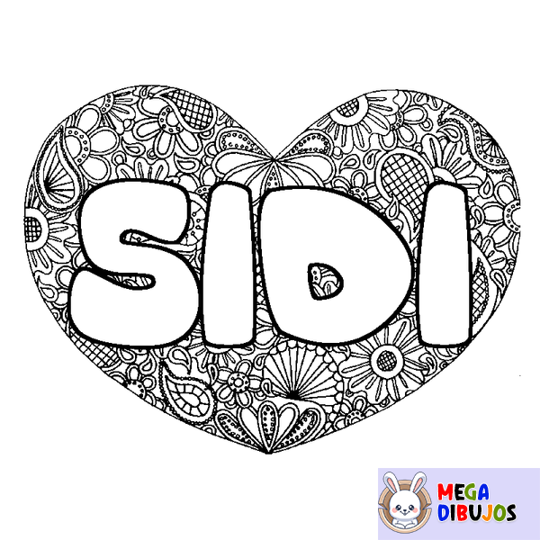 Coloraci&oacute;n del nombre SIDI - decorado mandala de coraz&oacute;n