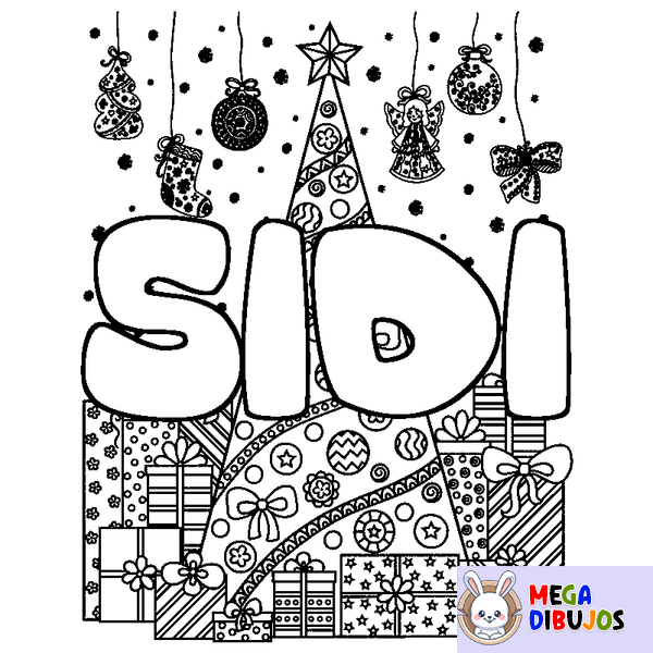 Coloraci&oacute;n del nombre SIDI - decorado &aacute;rbol de Navidad y regalos